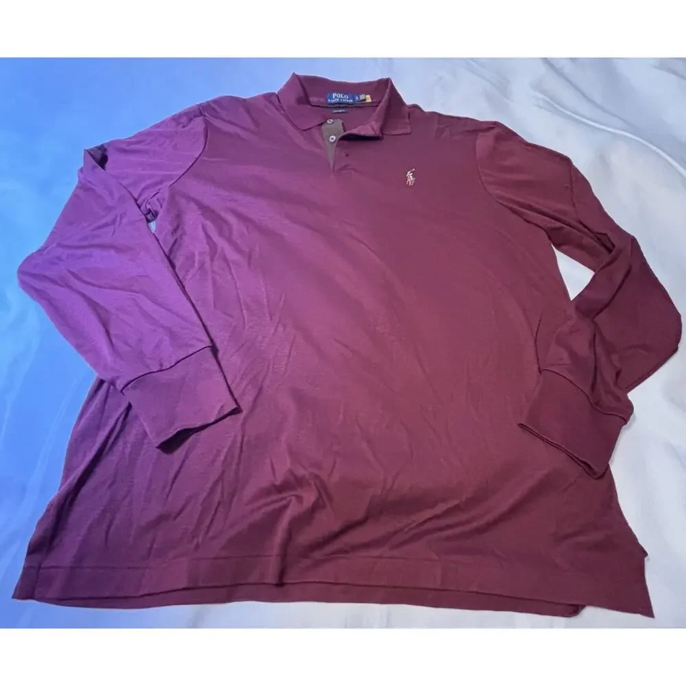 Ralph Lauren Mens Large Burgundy Pima Soft Touch Long Sleeve Polo Shirt
